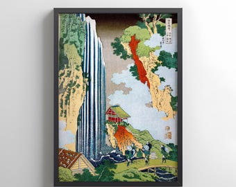 Hokusai Waterfall Woodblock Print, Vintage Japanese Art Ukiyo-e Print Framed Posters Asian Wall Art