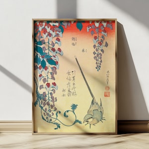 Póster vintage japonés en madera, póster vintage de pájaro, póster vintage de Hokusai, impresión de arte mural japonés, impresión botánica vintage para arte mural minimalista