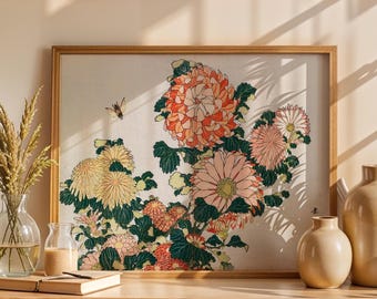 Poster Flower Hokusai Japanese Vintage Art Chrysanthemums and Horsefly Poster Boho Vintage Floral Print Woodblock Art Spring Wall Decor