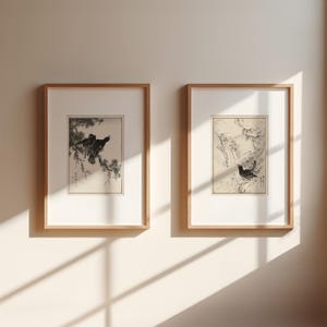 Póster de pájaro tradicional enmarcado, póster de arte japonés, arte mural de pájaros vintage en blanco y negro, póster de decoración minimalista japonesa, arte zen.