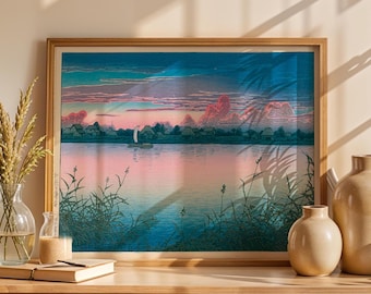 Poster Japanese Vintage Framed Poster Ghibli Inspired Wall Art Sorbet Colors Poster Landscape Ukiyoe Japandi Pink Wall Decor Poster Nature