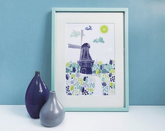 Illustrated Amsterdam Windmill Art Print: Netherlands Travel Keepsake & Holiday Memorabilia
