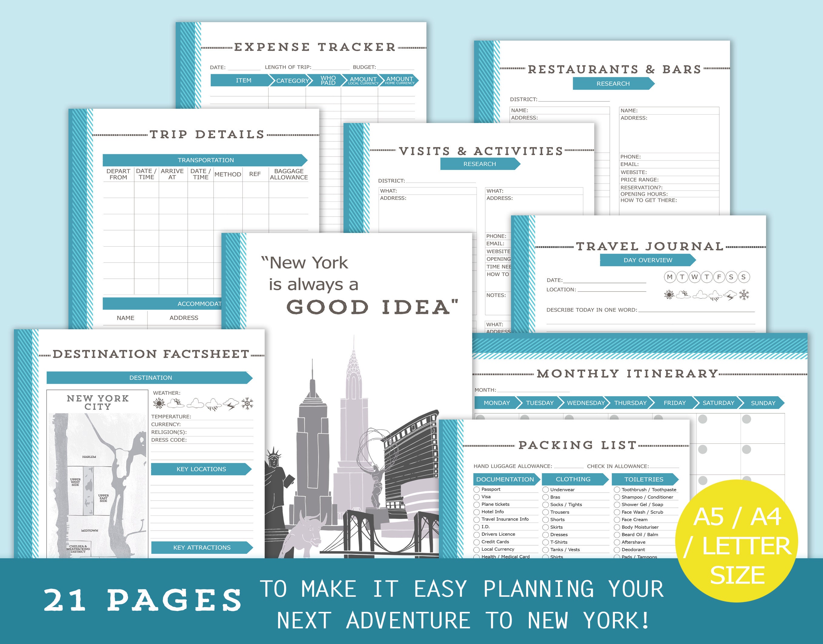 New York Printable Vacation Planner / Packing List / Itinerary Etsy