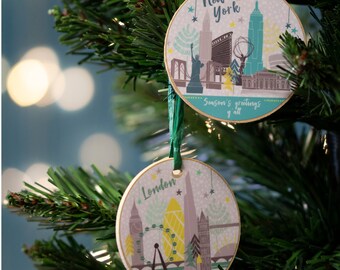 London and New York Christmas Tree Decorations / Travel Xmas Tree Dec / Travel Hanging Decoration / London Bauble / New York Bauble