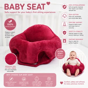 Pode incluir: Assento de bebé bordô feito de algodão macio e hipoalergénico. O assento foi projetado para apoiar as costas do bebé e é lavável na máquina. A imagem inclui o texto "BABY SEAT" e "Ultra Soft".