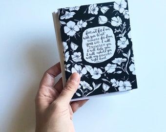 Set of 5 black and white floral notecards with hand lettered scripture