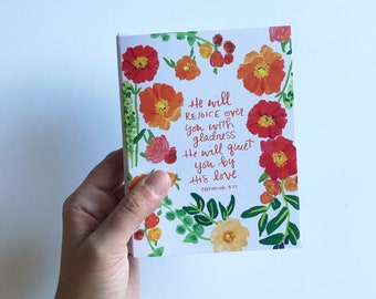 Set of 5 white and orange and pink floral notecards with hand lettered scripture