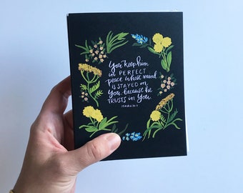 Set of 5 black and yellow floral notecards with hand lettered scripture