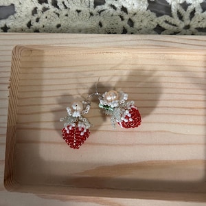 Beaded Strawberry & Pearl Dangle Earrings: Handmade Sterling Silver Hooks