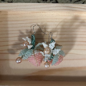 Beaded Strawberry & Pearl Dangle Earrings: Handmade Sterling Silver Hooks