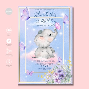Invito elefante, invito elefante bambino, baby shower farfalle e fiori, download digitale elefante, festa di compleanno, baby shower