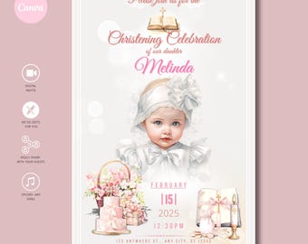 Baptism Digital Invitation Template, Blush Pink Baptism Electronic Invite,  Editable Soft Pink Baptism Online iPhone invite, Girls Baptism