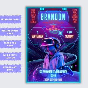 Video Game Party Invitation, EDITABLE Level Up Birthday Invite, Blue Neon Glow Invite, Glow Video Gamer Boy Template Arcade Party Invitation