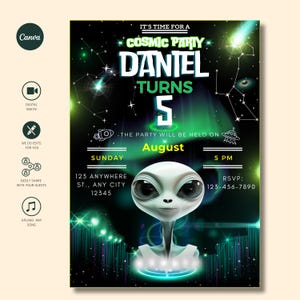 Alien Digital Invitation, Boys Neon Alien Spaceship, Editable Outer Space, Any Age UFO Party, Galaxy Green Space Evite Template, Printable