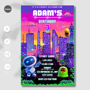 Convite de aniversário de robô, convite para festa de robô, idade de vela editável, modelo digital, cartão de aniversário para impressão, texto Evite, download instantâneo