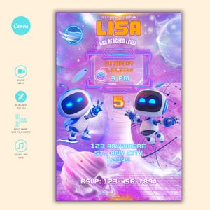 Convite de aniversário de robô, convite para festa de robô, aniversário do espaço sideral, modelo digital, cartão de aniversário para impressão, convite para aniversariante do espaço