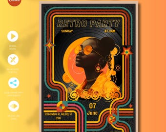 Club Party Flyer, Night Club, Retro Invite, Retro Disco Ball, Retro Disco Party, 70s Groove Party Invite, Glow Dance Party, Vintage Disco