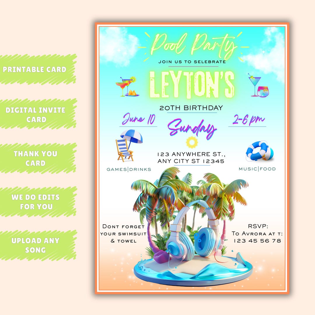 Summer Pool Party Invitation: Tropical Birthday Splash (digital Invite ...