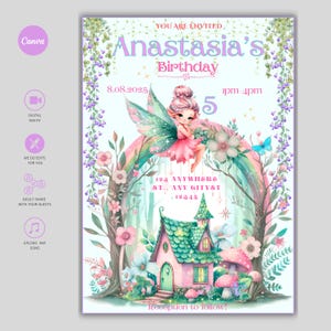 Convite de aniversário de fada da floresta, festa na floresta encantada, convite de fada editável, download digital de fada mágica, cartão de aniversário para impressão