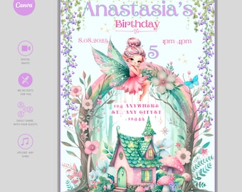 Fairy Garden-verjaardagsuitnodiging, bewerkbare Canva Fairy-uitnodiging, Enchanted Forest-verjaardag, digitale video-uitnodiging, afdrukbare bedankkaart