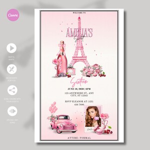 Sweet 16 Invitation, Paris Birthday Digital Invitation, Eiffel Tower Invite, Parisian Theme Party, Bat Mitzvah Party, French Birthday Invite