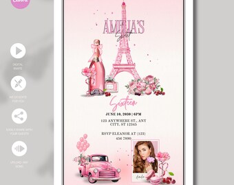 Paris Sweet 16 Einladung: Eiffelturm, Pink (Digital)