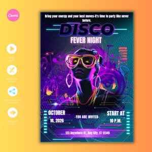 Invitación en video animada a fiesta de discoteca retro, plantilla editable para fiesta de baile y ritmo de los años 70, salida de chicas, despedida de soltera, celebración de cumpleaños