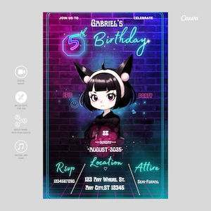 Faire-part de fête anime chat noir, invitation numérique personnalisée chaton, carte imprimable modifiable pour anniversaire, faire-part d'anniversaire chaton pour filles