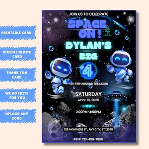 Convite de aniversário de robô, convite para festa de robô, idade de vela editável, modelo digital, cartão de aniversário para impressão, texto Evite, download instantâneo