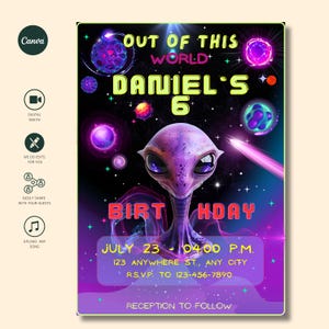 Alien Digital Invitation, Boys Neon Alien Spaceship, Editable Outer Space, Any Age UFO Party, Galaxy Purple Space Evite Template, Printable