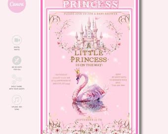 Princess Baby Shower Invitation, Pink Swan Castle Invite, Little Princess Is On The Way, Digital Video Invite, Printable Card