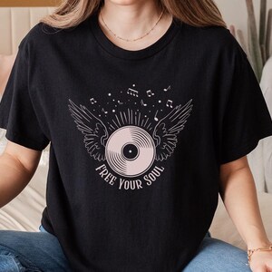 Free Your Soul T-Shirt | Record with Wings Line Art Tee | Musical Notes Graphic Shirt | Artistic Music Lover Gift Idea