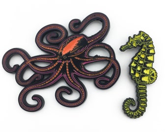Robotic Aquatic Enamel Pin Set - Robot Octopus and Seahorse - Limited Edition Collector Art Pins