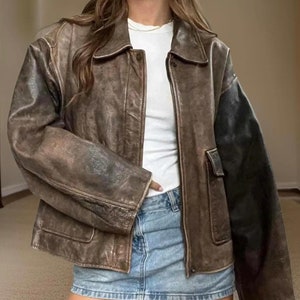 Veste en cuir surdimensionnée marron vieilli style carré A2 pour femme, manteau coupe décontractée inspiré de VNTG