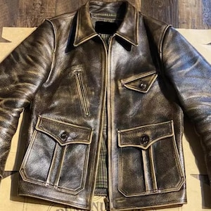 Vintage Brown 1920s Genuine Leather Jacket Mens Military Style Coat Handmade Distressed Cowhide Leather Streetwear Winter Coat