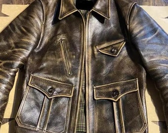 Vintage Brown 1920s Genuine Leather Jacket Mens Military Style Coat Handmade Distressed Cowhide Leather Streetwear Winter Coat
