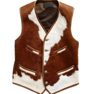 Natürliche Haarige Echte Rindsleder Cowboy Lederweste Für Sommer Anlass Biker Streetwear Ärmellose Jacke Handgemachter Stil Brown & Schwarz Mantel
