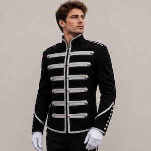 Men's Black Military Style Cotton Jacket, Parade Band Jacket, Gothic Uniform Coat, Silver Trim Fashion Jacket, Concert Costume, Gift for Him