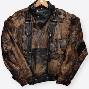 1980s Oversized Biker Vintage Wax Handmade Distressed Brown Biker Jacket Men Real Cowhide Leather Coat Streetwear Military Moto Rider Jacket