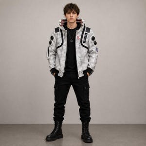 Op cyberpunk geïnspireerde jas voor heren Handgemaakt noodlijdend kunstleer/schapenleer hoge hals motorfiets geborduurde patch bomberjas