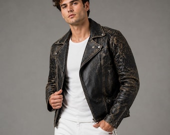 May include: A black leather motorcycle jacket with a distressed finish, featuring quilted shoulder panels, a notched lapel, silver-tone metal zippers, and snap button details, worn over a plain white t-shirt and white pants.