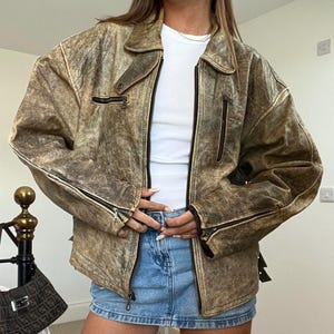 Jaren 80 Retro Biker Boxy Oversized Jas Womens Vintage Style Handgemaakte Verontruste Bruin Echte Schapenvacht Leer Streetwear Losse Fit Jas