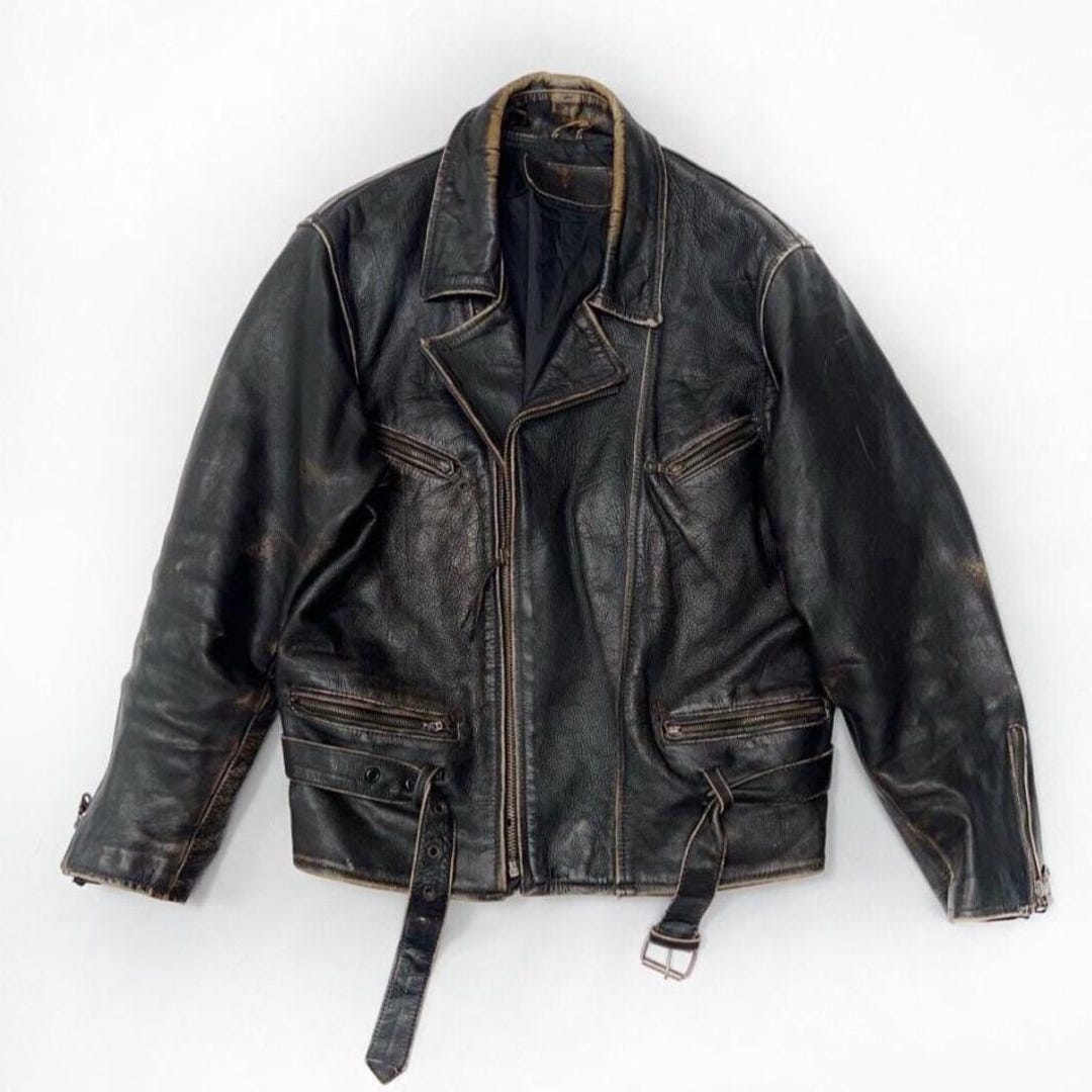 70s Distressed Military Biker Jacket Mens Handmade Black