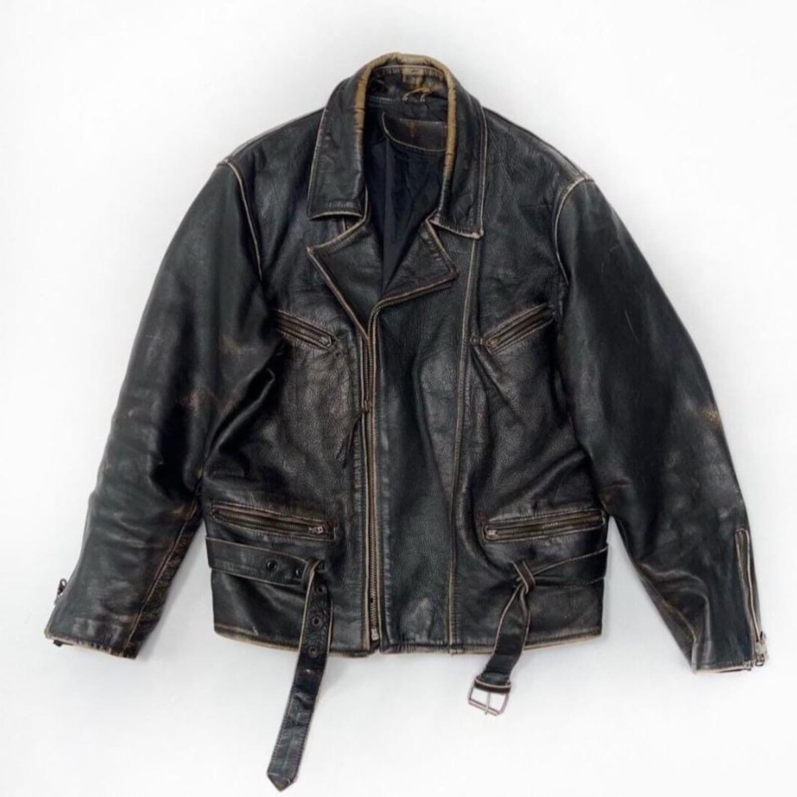 70s Distressed Military Biker Jacket Mens Handmade Black Real Cowhide ...