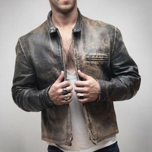Vintage Cafe Racer Retro Streetwear Mens Jacket Biker Style Handmade Distressed Brown Real Cowhide Leather Motorcycle Coat
