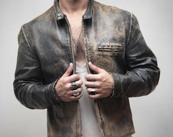 Vintage Cafe Racer Retro Streetwear Mens Jacket Biker Style Handmade Distressed Brown Real Cowhide Leather Motorcycle Coat