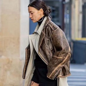 Jaren 60 biker boxy verweerd bruin oversized handgemaakt gesneden leren bomberjack, relax fit jas dames echte schapenvacht lederen streetwear jas