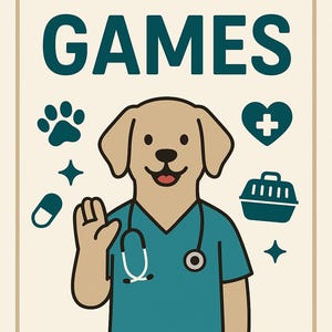 May include: A beige poster with the text "VET TECH WEEK GAMES" in dark teal. A cartoon dog wearing teal scrubs and a stethoscope is in the center. Other graphics include a paw print, a heart with a plus sign, and a pill.