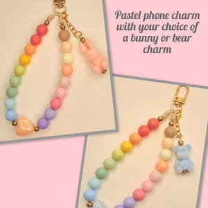 Pastel Beaded Phone Charm | Fuzzy Bunny Bear Accent | Kawaii Bag Accessory 画像 2