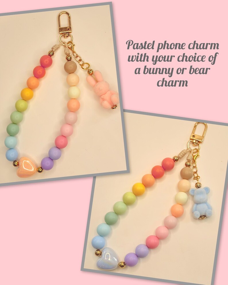 Pastel Beaded Phone Charm | Fuzzy Bunny Bear Accent | Kawaii Bag Accessory 画像 2